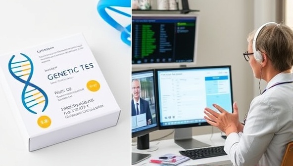 An image of a genetic testing kit with DNA helix visuals, a computer screen displaying genetic test results, and a genetic counselor explaining the findings to a client, illustrating the process of genetic testing and personalized health insights.