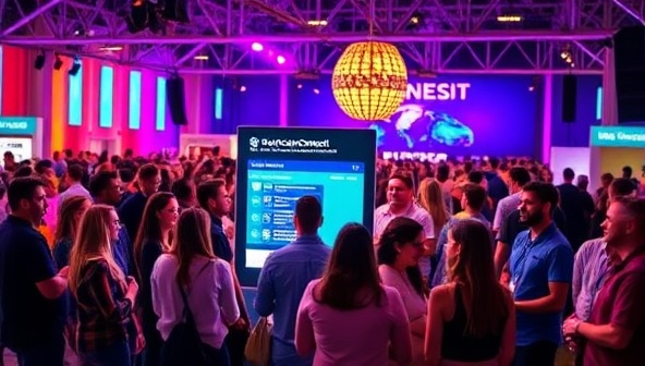 A colorful and energetic event venue with attendees gathering around a digital kiosk to arrange ridesharing options, showcasing the social and eco-friendly aspects of EventCarpool Connect in enhancing the event experience and reducing transportation stress.