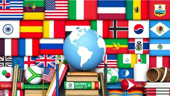 A colorful and diverse collage of world flags, language books, globes, and cultural artifacts, symbolizing the spirit of global connectivity and language exchange embraced by GlobalTongues Exchange.