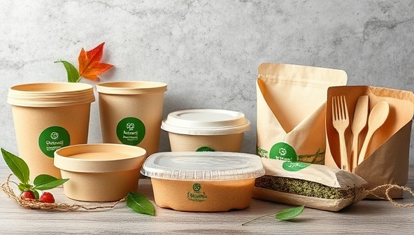 A visually appealing image of GreenPack Innovations' eco-friendly packaging materials, showcasing a range of compostable containers, recyclable wraps, and biodegradable utensils, elegantly presented with natural elements like leaves and twine, conveying a message of sustainability and innovation in food packaging.