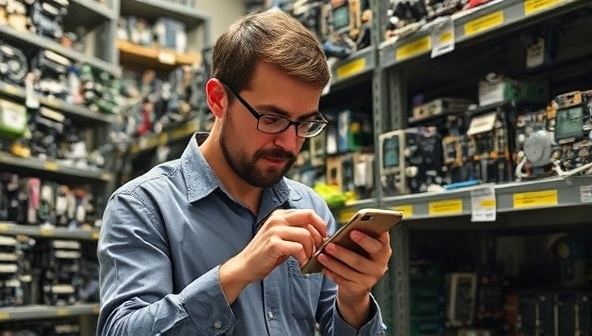 An image of a technician repairing a smartphone while surrounded by shelves of recycled electronic components, emphasizing the business's commitment to tech repair and sustainability.