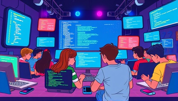 An illustrative scene showing a group of teenagers attending a virtual coding bootcamp session, each with a laptop displaying lines of code and programming exercises, surrounded by colorful digital screens and tech gadgets, creating a dynamic and engaging learning environment for young tech enthusiasts.