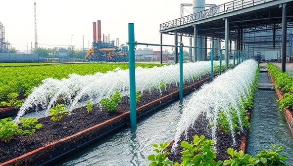 An industrial facility with water-saving technologies in action, such as rainwater harvesting systems and efficient irrigation methods, showcasing a sustainable and environmentally friendly approach to water management.