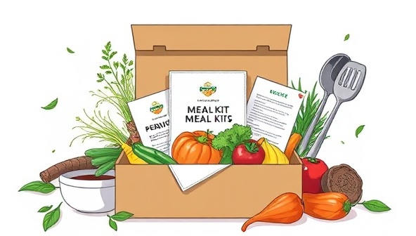 An artistic illustration of a beautifully arranged meal kit box with fresh ingredients, recipe cards, and cooking utensils, evoking a sense of culinary exploration and anticipation for a gourmet cooking experience at home.