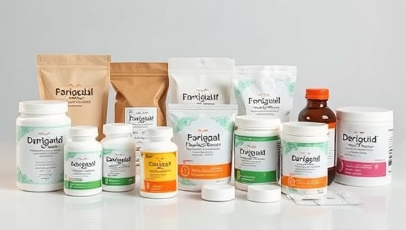 An assortment of pharmaceutical products displayed in biodegradable packaging with a prominent 