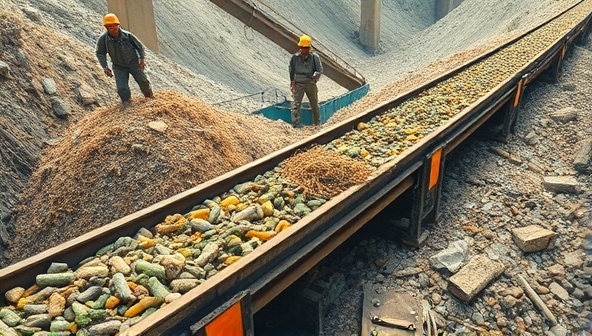 An artistic representation of a conveyor belt system sorting through mining waste, with workers separating valuable resources from discarded materials, emphasizing the concept of resource recovery and waste reduction in mining operations.