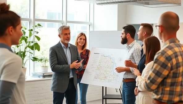 An architect presenting eco-friendly construction designs to a diverse group of clients in a modern office setting.