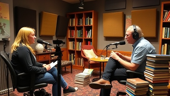 A podcast studio setup with microphones, soundproofing panels, and recording equipment, featuring a host conducting an engaging interview with an author, surrounded by stacks of books and a cozy reading nook, capturing the essence of literary discussions and storytelling in a vibrant audio format.