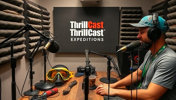 A dynamic podcast studio setup with microphones, soundproofing panels, and adventurous props like climbing gear and snorkeling masks, capturing the essence of adrenaline-filled storytelling and travel inspiration at ThrillCast Expeditions.