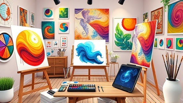 A vibrant virtual art studio setup with easels, paint palettes, brushes, and a digital tablet, surrounded by colorful artwork samples and artistic decor, creating an inspiring and welcoming environment for creative learning and expression.