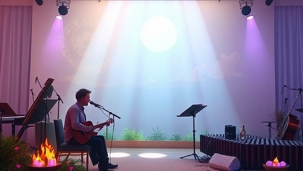 An immersive digital concert setting with a musician playing soothing melodies, surrounded by calming visuals and nature-inspired elements, evoking a sense of peace, relaxation, and emotional resonance in a virtual music therapy session, inviting participants to embark on a transformative healing journey through sound and music.