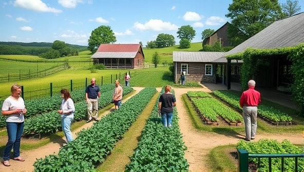 A serene countryside setting with guests enjoying farm activities like picking fresh produce, feeding animals, and learning about sustainable farming practices, surrounded by lush greenery and rustic farm buildings, capturing the essence of a peaceful and educational retreat at GreenHaven Farm.