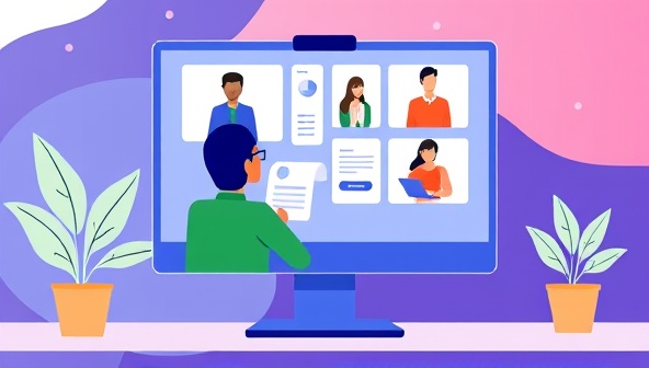 An engaging digital illustration featuring a virtual onboarding session with new hires interacting with onboarding materials and trainers through a computer screen, symbolizing the seamless and interactive experience provided by OnboardRise in remote work environments.