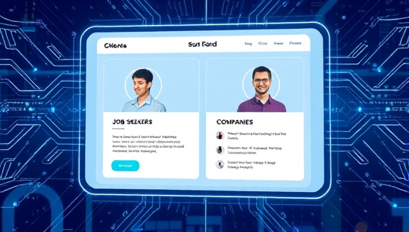 An illustration of a futuristic AI-powered platform screen showing job seekers and companies seamlessly matched based on their profiles, highlighting the platform's advanced technology and user-friendly interface.