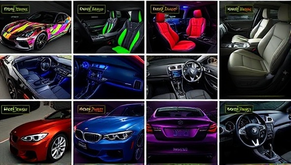 A collage of vibrant custom car accessories like colorful decals, sporty seat covers, illuminated LED lights, and sleek steering wheel wraps, displayed on a variety of car models to showcase the diversity and personalization options available through the ModBox Auto subscription service.