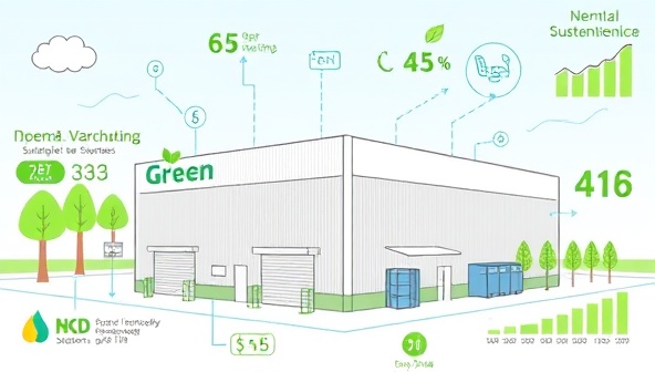 A virtual warehouse drawing showcasing eco-friendly features such as solar panels, LED lighting, rainwater harvesting systems, and recycling stations, surrounded by digital sustainability metrics, green energy symbols, and environmental impact graphs, illustrating a green and sustainable warehouse concept.