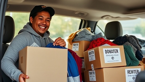 A heartwarming image of a donation pickup driver collecting bags of clothing from a smiling donor, with boxes labeled for donation and reuse, symbolizing the sustainability and community impact of ThriftRide's secondhand clothing pickup service.