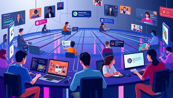 An interactive visual of the Gamer's Nexus Network platform showcasing diverse avatars connecting in virtual gaming hubs, participating in live chats, sharing gaming tips, and forming online friendships, illustrating the social and interactive nature of the gaming community within the network.