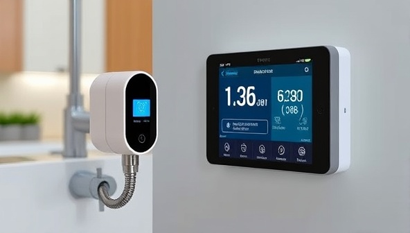 A modern smart home with a sleek water monitoring device connected to the main water line, displaying real-time usage data on a centralized control panel, emphasizing convenience and eco-friendliness.