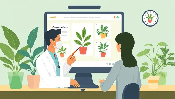 An engaging digital illustration of a virtual consultation platform where a plant doctor interacts with a user, examining plant photos and providing customized care recommendations, fostering a sense of personalized plant wellness.