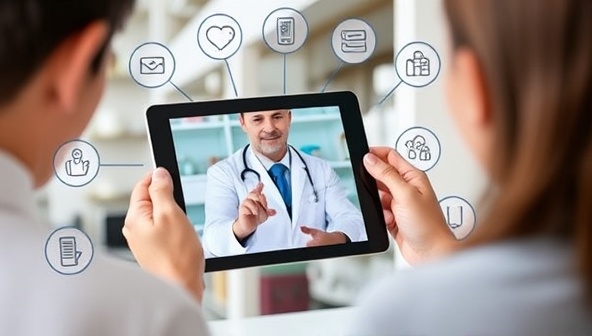 A pharmacist conducting a virtual consultation with a patient on a tablet screen, surrounded by icons representing medication adherence, wellness tips, and telehealth technology, illustrating the convenience and personalized care of PharmaCounsel Connect's virtual pharmacy services.