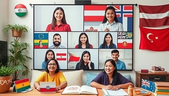 An engaging virtual language exchange session featuring diverse participants conversing in different languages via video call, accompanied by cultural props and language learning resources, creating a vibrant and immersive linguistic environment.