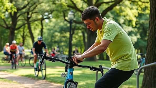 An image of a technician performing a bike tune-up on the spot for a customer in a park, surrounded by lush greenery and other cyclists enjoying their rides, showcasing the convenience and efficiency of CycleCare's mobile bike repair service.