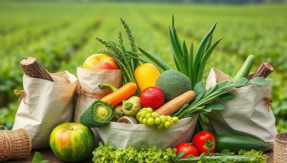 An aesthetic image featuring a variety of fresh produce packaged in biodegradable materials, adorned with natural elements like leaves and twine, set against a backdrop of a lush farm field, symbolizing sustainability and environmental consciousness in agriculture.