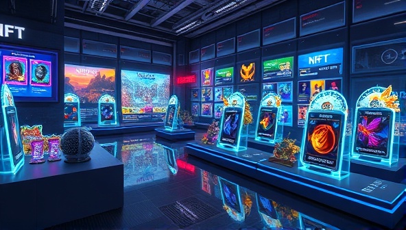 A digital marketplace showcasing a variety of vibrant and detailed NFT collectible cards, each with unique designs and attributes, displayed in a futuristic virtual environment with holographic card displays and animated card interactions, highlighting the platform's innovative and collectible nature.