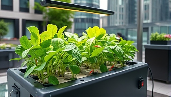 An urban setting with a compact, high-tech aquaponics system featuring lush green plants and thriving fish, all connected to a smartphone for remote monitoring and control, showcasing sustainability and innovation.
