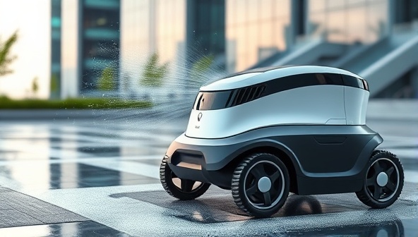 An autonomous cleaning robot sparkling a car's exterior, surrounded by a backdrop of a modern cityscape, highlighting the futuristic and convenient aspect of the service.