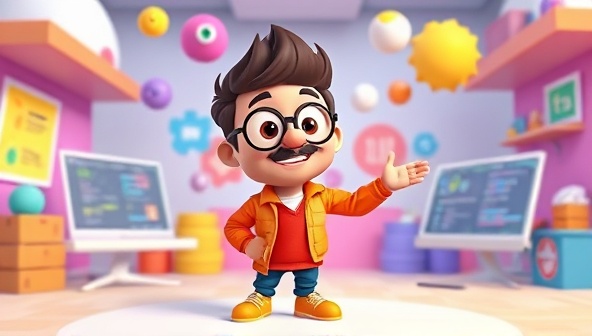 An animated character representing a web design mentor guiding users through a virtual learning environment filled with colorful challenges, coding puzzles, and design quests, fostering a playful and engaging educational experience.