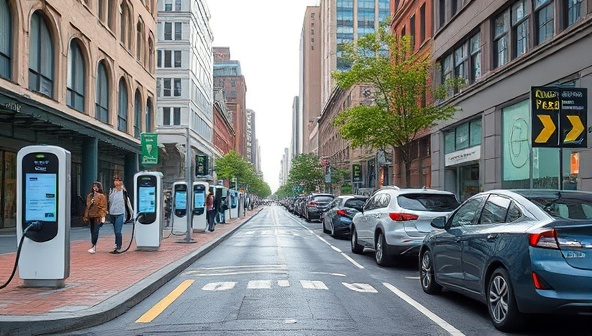 A bustling city street with EV charging stations strategically placed, EVs parked and charging, pedestrians walking by, and digital displays showcasing charging rates and eco-friendly transportation options, illustrating the convenience and sustainability of SparkCharge Network's EV charging infrastructure.