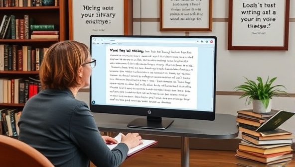 A virtual writing coach providing personalized feedback to a writer via a video call, with a digital writing pad displaying notes and suggestions, surrounded by motivational writing quotes and a bookshelf filled with literary classics, creating a supportive and professional coaching atmosphere.