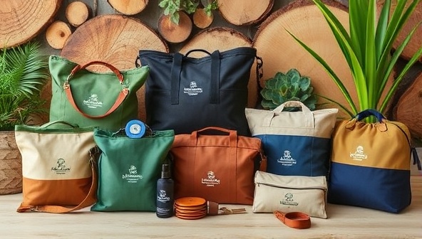 An assortment of sustainable travel accessories displayed against a backdrop of natural elements like wood and plants, showcasing the stylish and environmentally-friendly offerings of EarthWander Gear for conscious travelers.