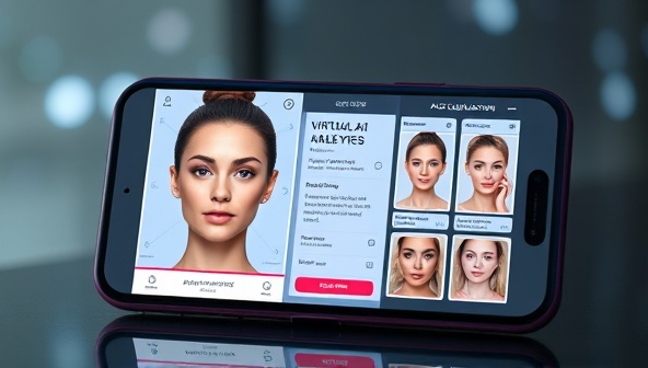 An innovative beauty AI consultation app display featuring a smartphone screen displaying a user's virtual beauty analysis report, personalized skincare recommendations, and makeup suggestions generated by the AI algorithm, creating a futuristic and data-driven beauty experience.