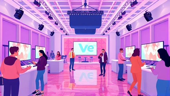 An illustration of a virtual event space with customizable avatars interacting in a digitally rendered venue, highlighting the platform's versatility and creativity in event planning.