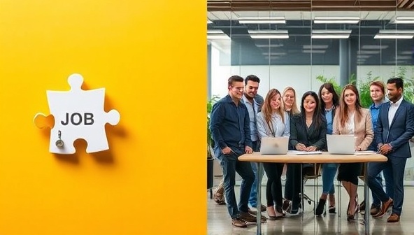 A split image showing a puzzle with interlocking pieces symbolizing perfect job matching on one side, and a diverse group of professionals in a collaborative workspace on the other side, representing a harmonious work environment.