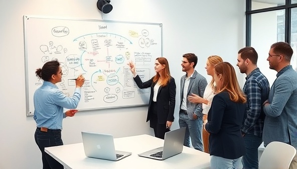 An interactive workshop scene with a diverse group of professionals brainstorming ideas on a whiteboard, sharing laptops, and engaging in a lively discussion, symbolizing collaboration and creativity in a corporate setting.