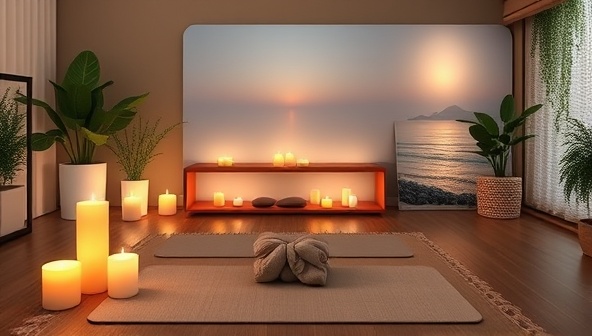 An online wellness retreat scene with soothing visuals of candles, yoga mats, and calming nature images on a virtual background, promoting relaxation and self-care in a virtual setting.