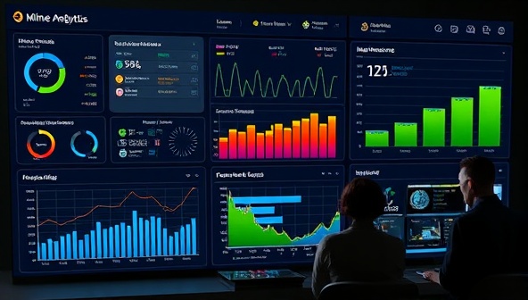 A dynamic data analytics dashboard displaying real-time equipment performance metrics, predictive maintenance alerts, and maintenance schedules, with mining professionals analyzing trends and making informed maintenance decisions using DataMine Insights, illustrating the power of predictive analytics in mining operations.