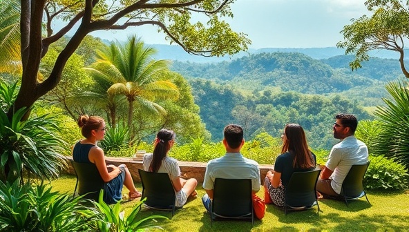 An idyllic retreat setting with accounting professionals engaged in a workshop session, surrounded by lush greenery and calming natural elements, illustrating the serene and rejuvenating experience of attending a BalanceBooks Retreat.