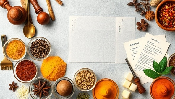 An inviting workshop setup with an array of colorful spices, blending tools, recipe cards, and a virtual instructor guiding participants through a spice blending session, conveying a sensory and educational spice crafting experience.