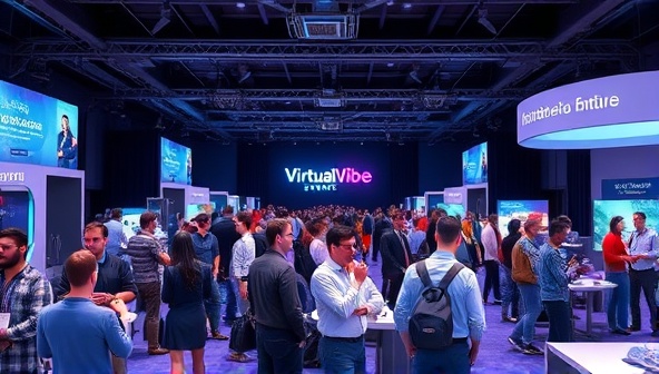 An immersive virtual event setting with avatars of attendees interacting in a digital environment, featuring interactive elements like virtual booths and networking lounges, highlighting the dynamic and engaging experience offered by VirtualVibe Events.