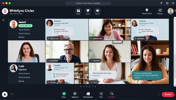 A virtual meeting screen showing a diverse group of writers engaged in a productive writing session, with progress trackers, shared goals, and encouraging chat messages, illustrating the collaborative and motivating atmosphere of WriteSync Circles.