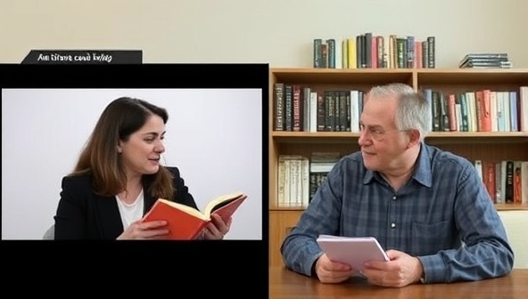 A virtual writing session with a coach and a writer engaging in a deep discussion about a manuscript on a split-screen, with a shelf of books in the background, conveying a sense of mentorship, collaboration, and growth in writing skills.