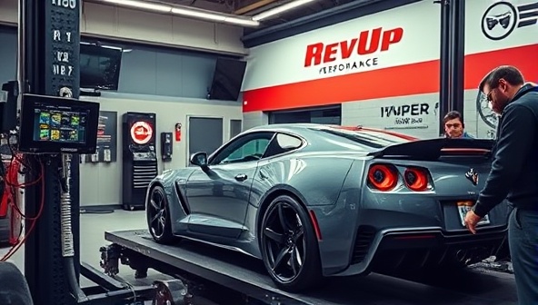An exciting scene at RevUp Performance garage showing a souped-up sports car on a dynamometer, displaying real-time performance metrics on a monitor, with mechanics fine-tuning the engine for optimal horsepower and speed, capturing the essence of precision tuning and high-performance automotive customization.