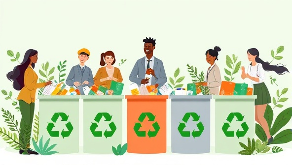 An eco-conscious digital illustration featuring a diverse group of individuals recycling pharmaceutical waste items such as pill bottles, blister packs, and medication boxes in designated recycling bins, surrounded by green plants and nature elements, symbolizing environmental stewardship and sustainable practices in healthcare.