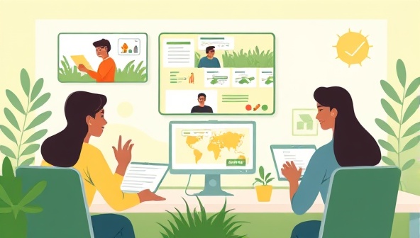 A digital illustration featuring a diverse group of learners engaging in an online agricultural training session, with virtual classrooms, interactive modules, and agricultural tech demos, highlighting the dynamic and educational atmosphere of AgriSkill Academy's e-learning platform.
