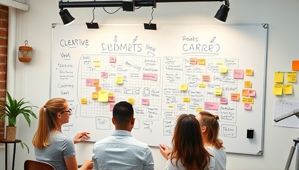A creative workspace with a team brainstorming ideas on a whiteboard, surrounded by colorful sketches and post-it notes, capturing the essence of collaboration and creativity in content creation.